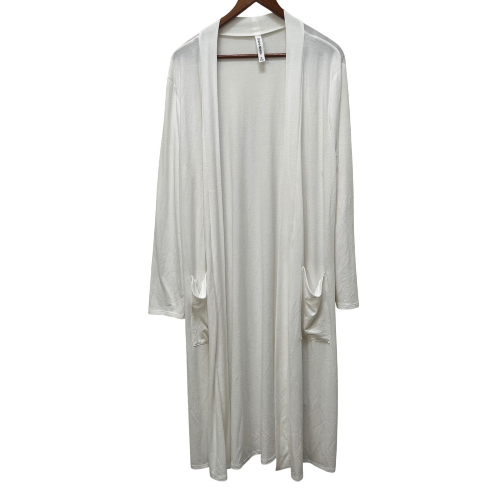 Zenana Premium White Longline Duster Cardigan Open Front Pockets 2X Lightweight